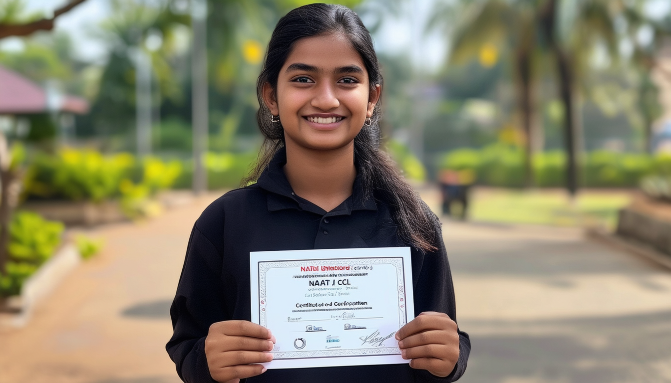 A confident student holding a NAATI CCL certificat